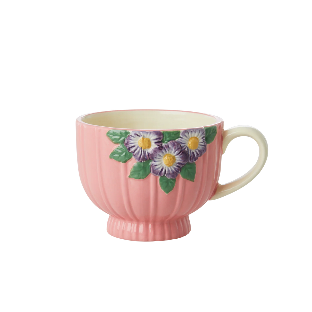 Ceramic Mug with Embossed Flower Design - Pink