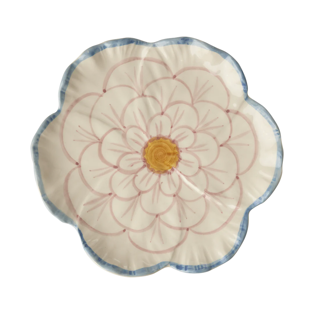 Ceramic Flower Shaped Hand-Painted Side Plate with Blue Border