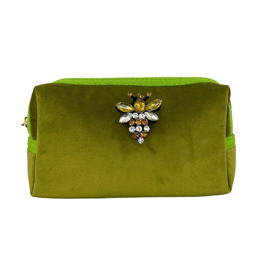 Medium Recycled Velvet Make-up Bag With Queen Bee Pin in Chartreuse