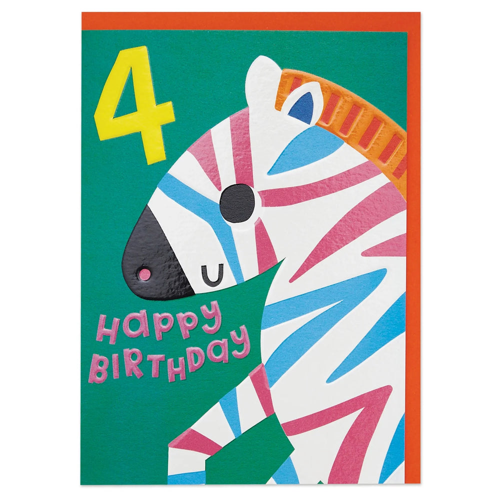 Age 4 Birthday Zebra Card