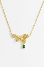 Flower Bee Green Droplet Necklace - Gold Plated