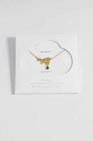 Flower Bee Green Droplet Necklace - Gold Plated