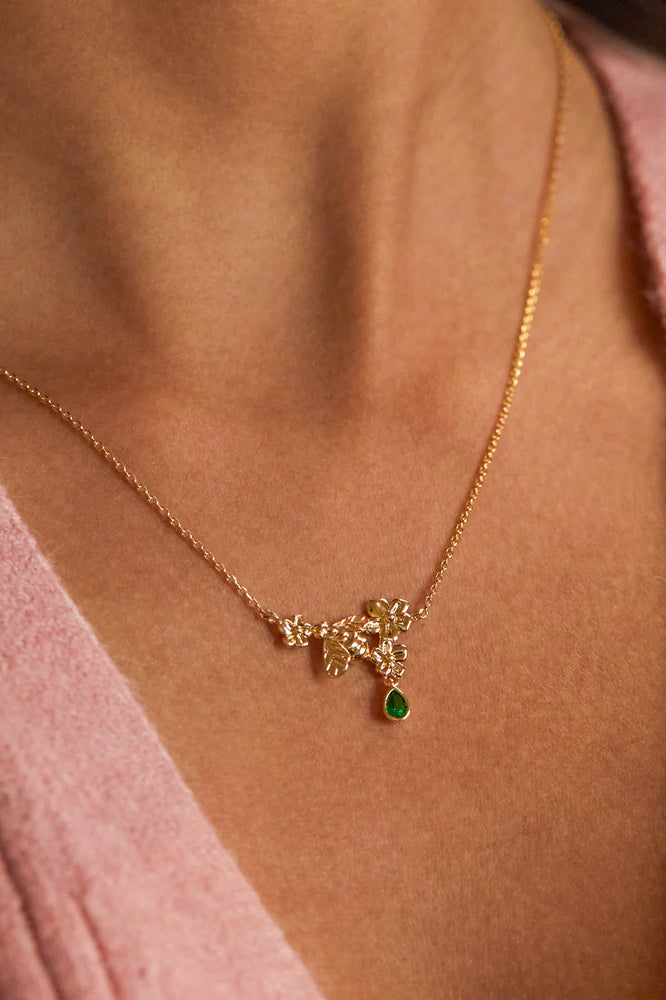 Flower Bee Green Droplet Necklace - Gold Plated