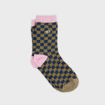 Women's Combed Cotton Checked Socks - Khaki and Blue