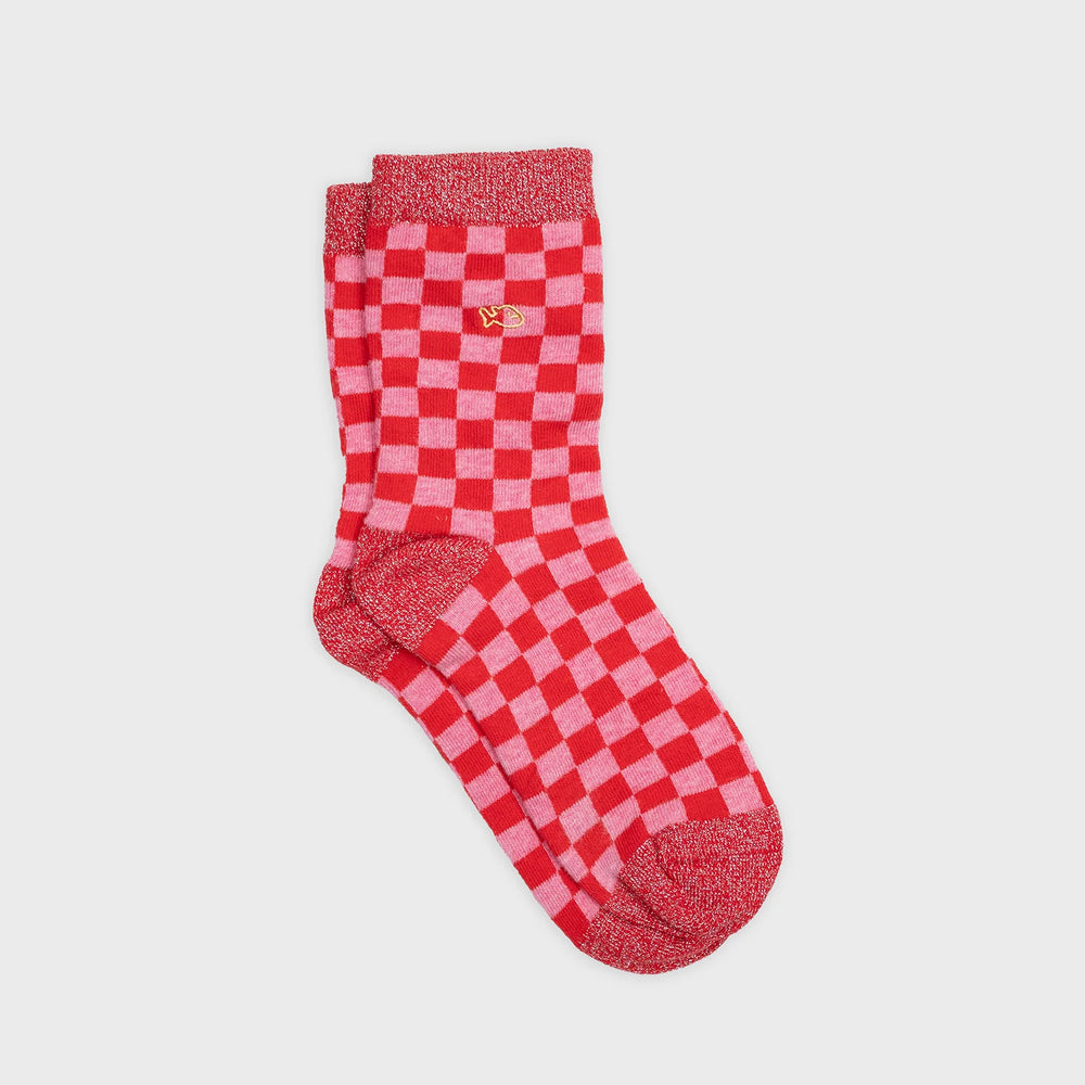 Women's Combed Cotton Checked Socks - Red and Pink