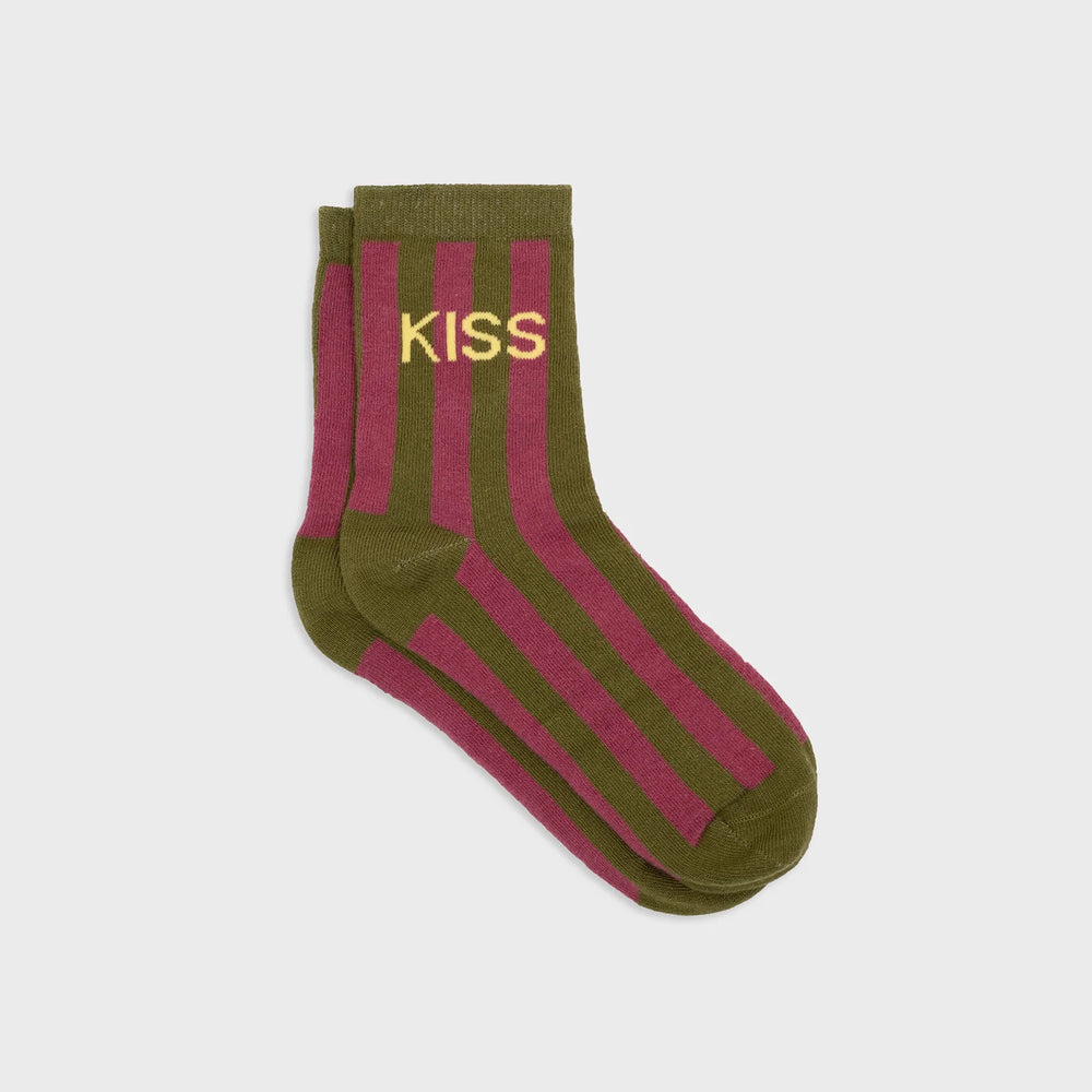 Women's Striped Combed Cotton Kiss Socks - Olive and Pink