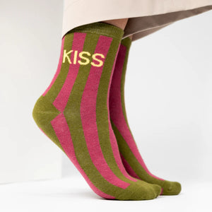 Women's Striped Combed Cotton Kiss Socks - Olive and Pink