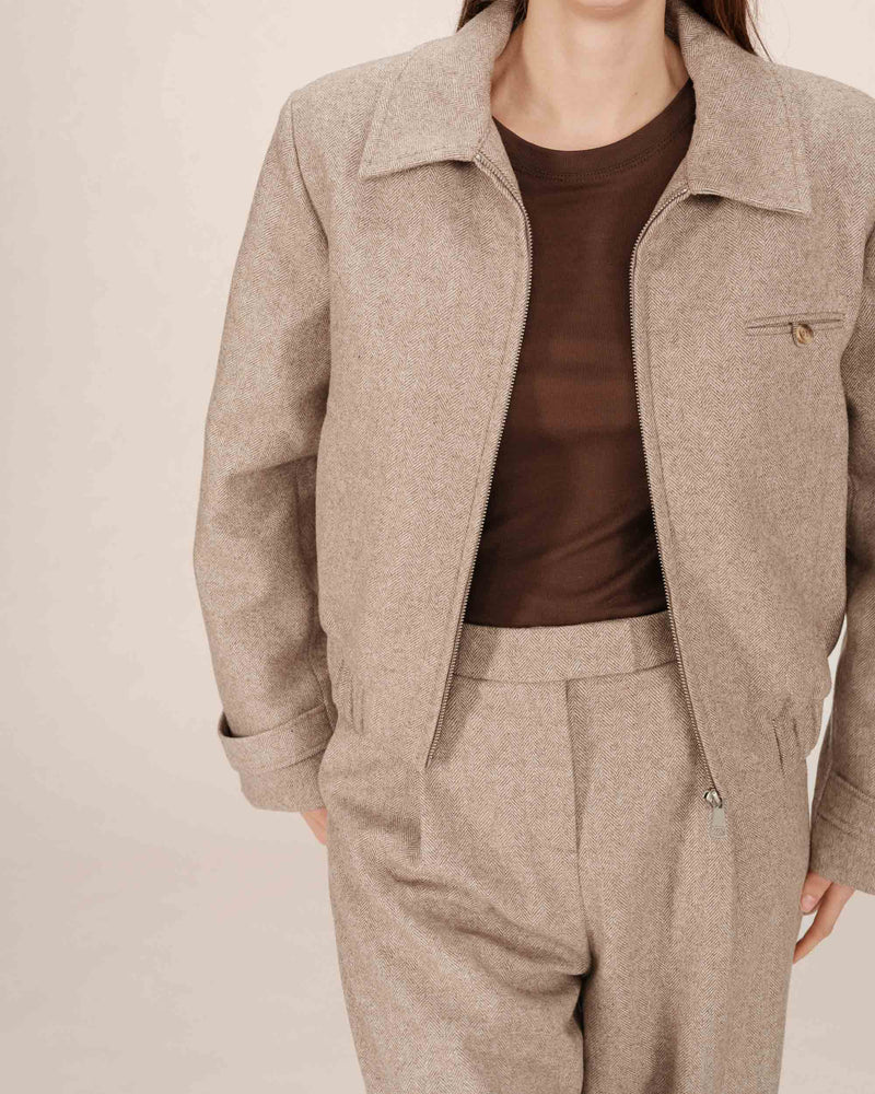 Tiffany Herringbone Wool Blend Jacket - Greige