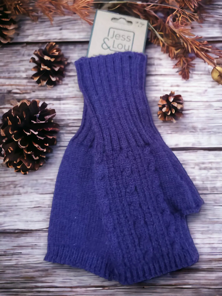 Cable Knit Fingerless Gloves - Navy