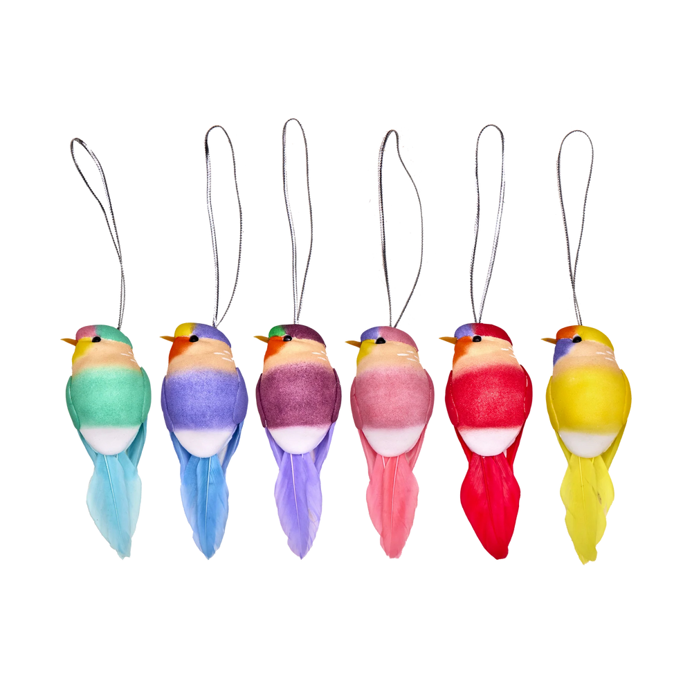 Hanging Deco Birds with Thread in 6 Assorted Colours