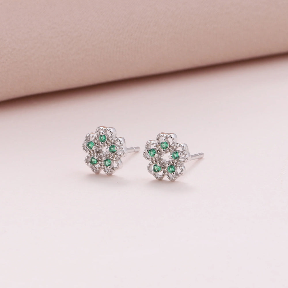 'Flowers For Friend' Green Earrings - Silver