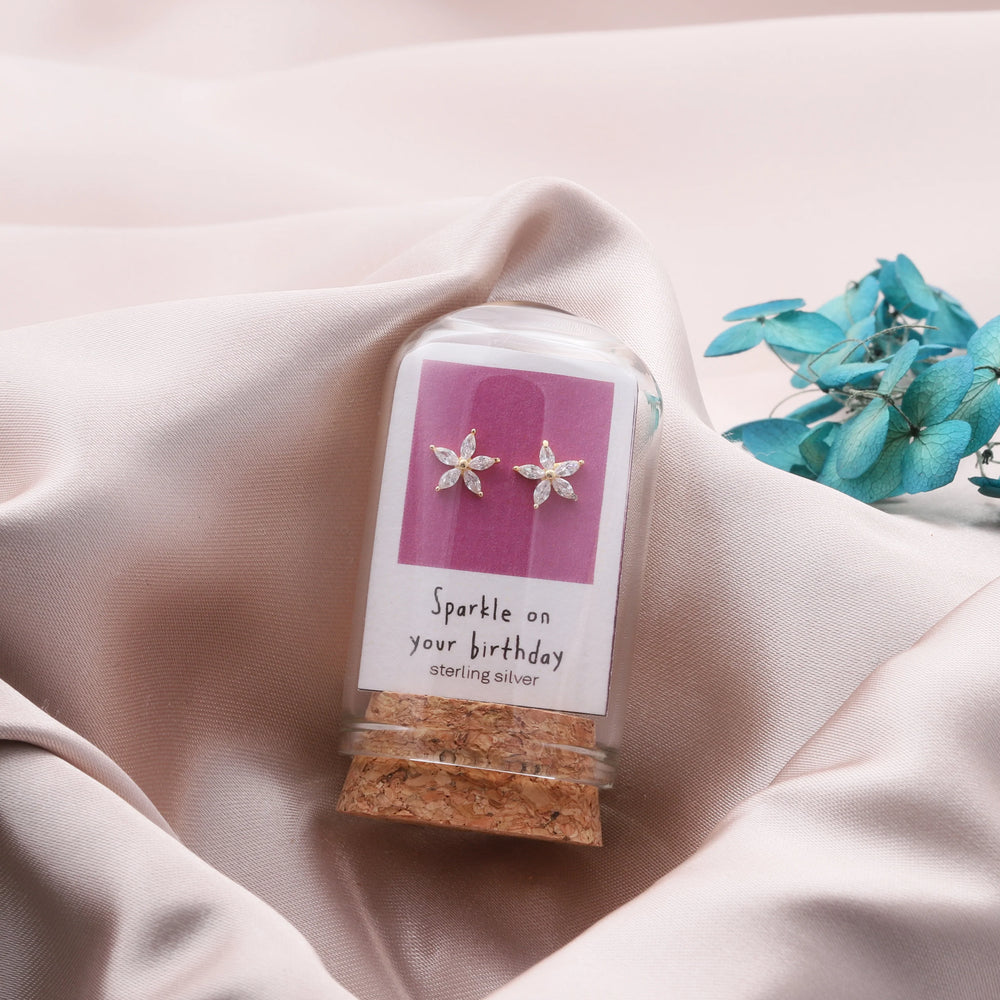 Sparkle on Your Birthday Gem Flower Earrings - Gold