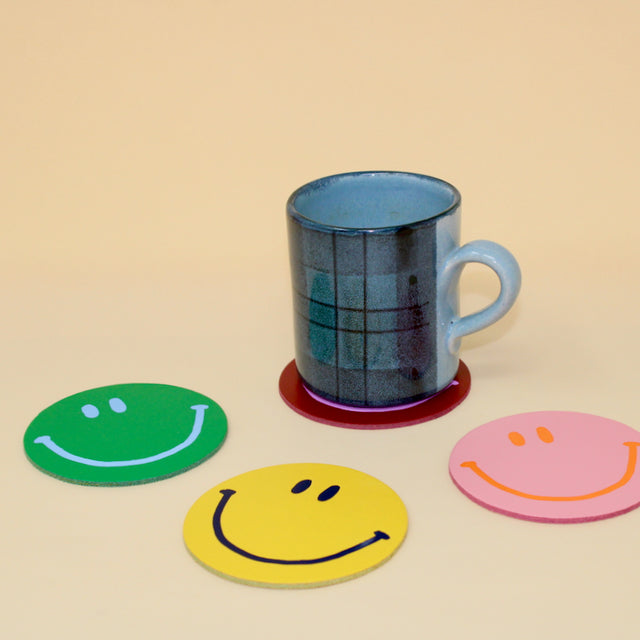 Happy Face Embossed Leather Coaster - Set of 4