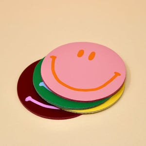 Happy Face Embossed Leather Coaster - Set of 4