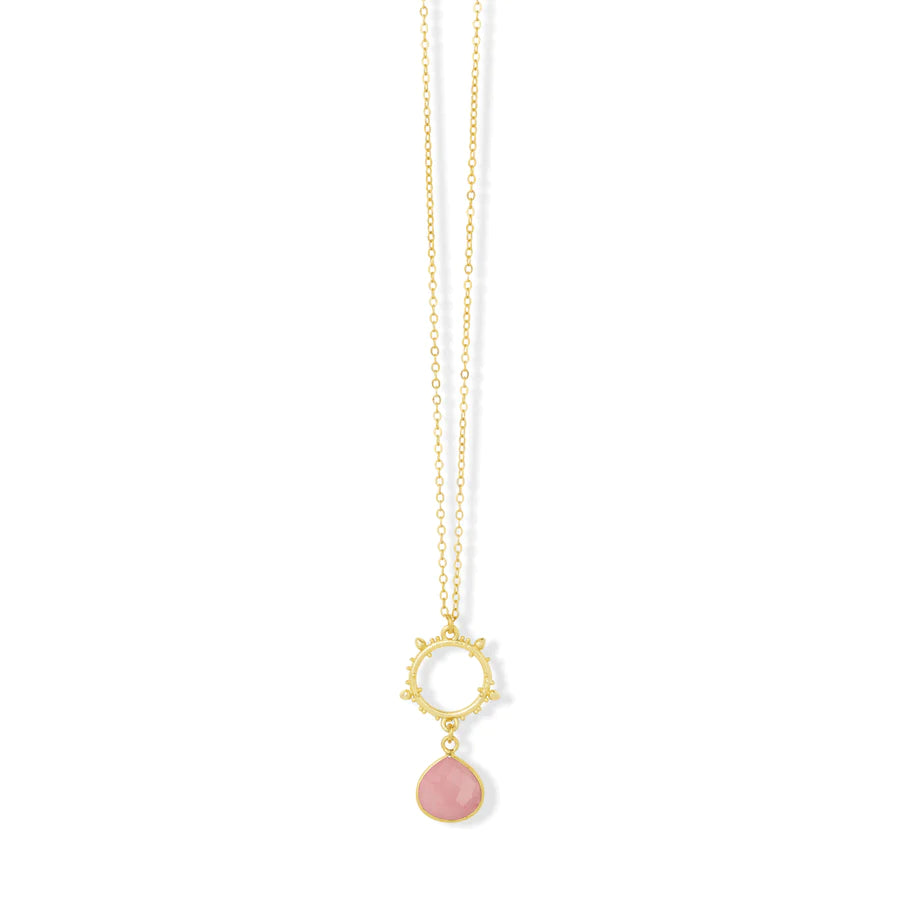 Allegra Gold Necklace - Short Pink Jade Pendant Necklace with Sunburst Ring Charm