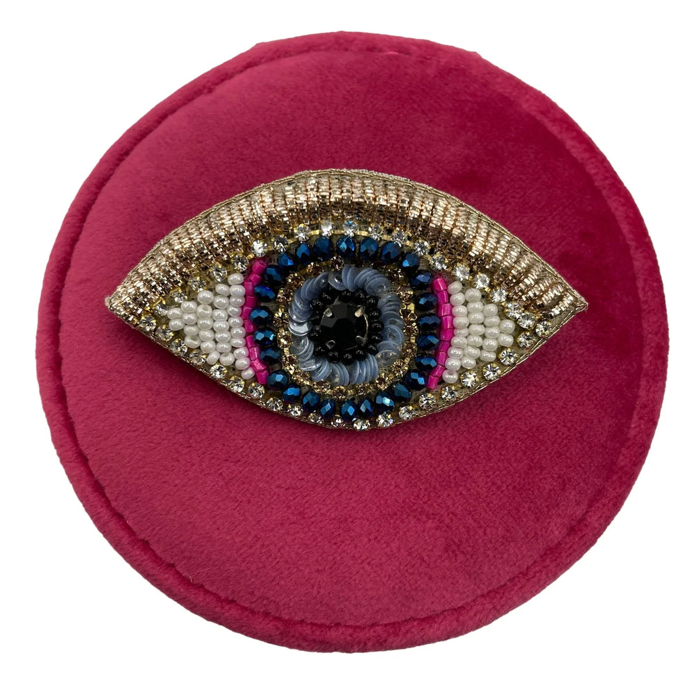 Jewellery Travel Pot in Recycled Velvet With Golden Eye Pin - Pink