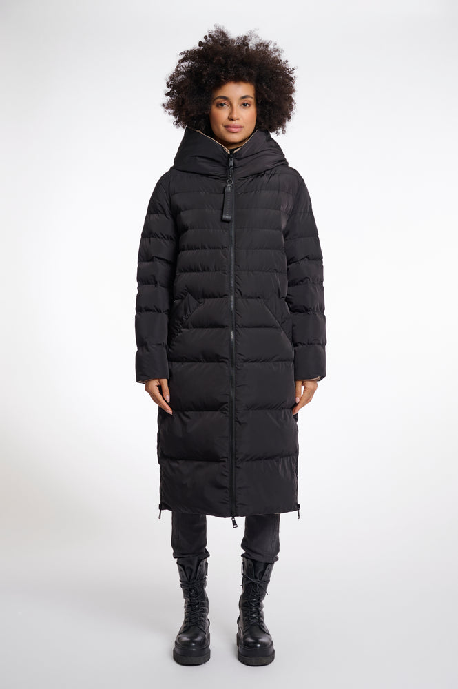 Keila Reversible Long Padded Hooded Coat - Black and Toffee