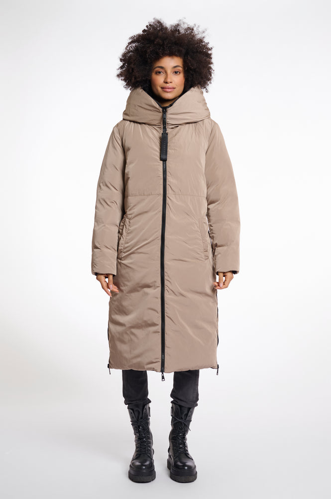 Keila Reversible Long Padded Hooded Coat - Black and Toffee