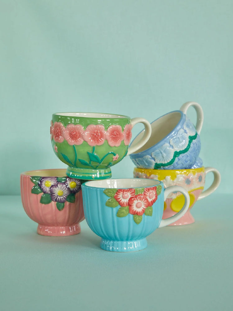 Ceramic Mug with Embossed Flower Design - Pink