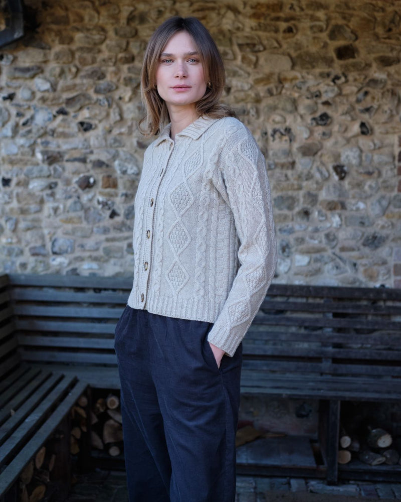 Agnes Pure Lambswool Aran Cardigan - Linen