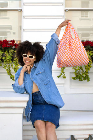 Checkerboard Pink and Orange Medium Reusable Bag - Eco