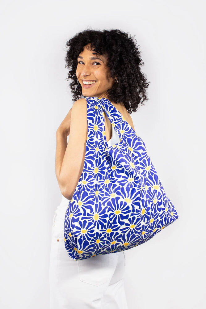 Blue Abstract Flowers Medium Reusable Bag - Eco