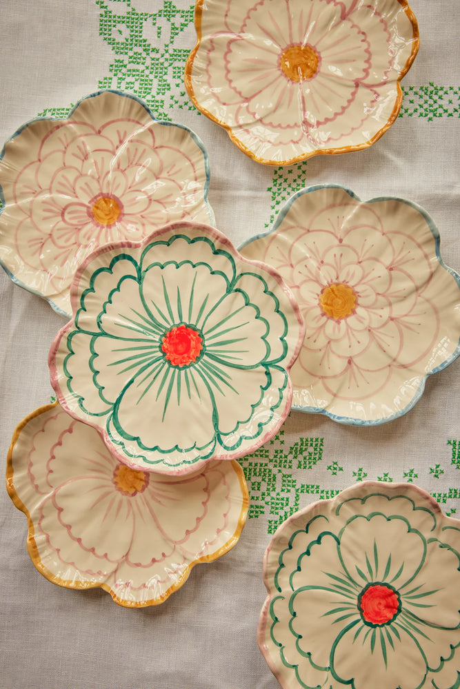 Ceramic Flower Shaped Hand-Painted Side Plate with Blue Border