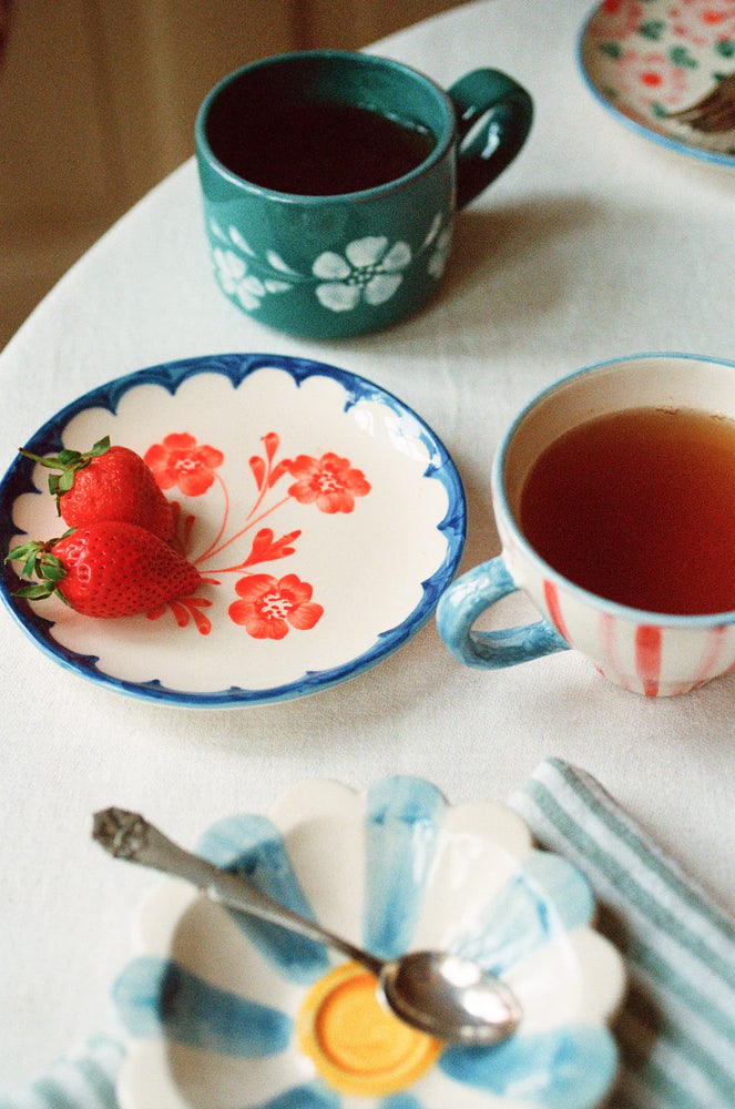 Ceramic Flower Dipping Bowl with Hand-Painted Stripes - Blue