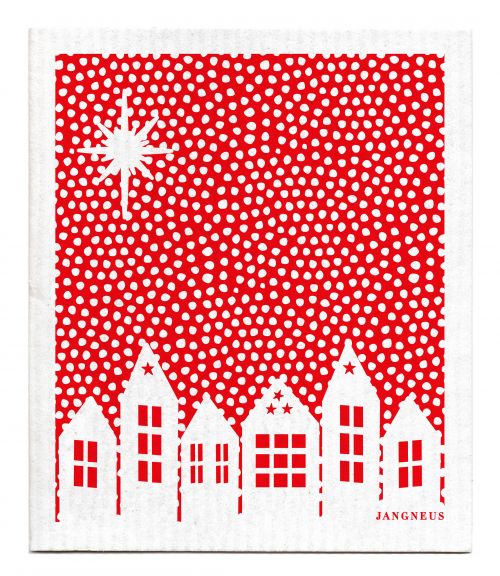 Red Snow Village Christmas Dishcloth