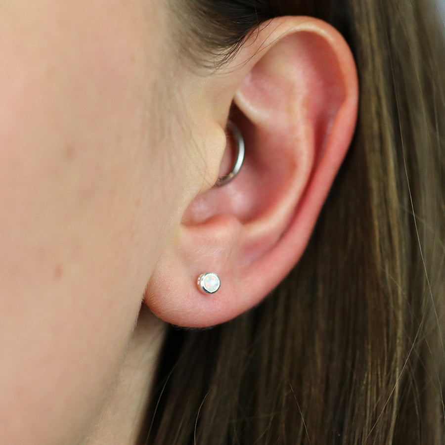 Tiny Silver Round Opal Stud Earrings