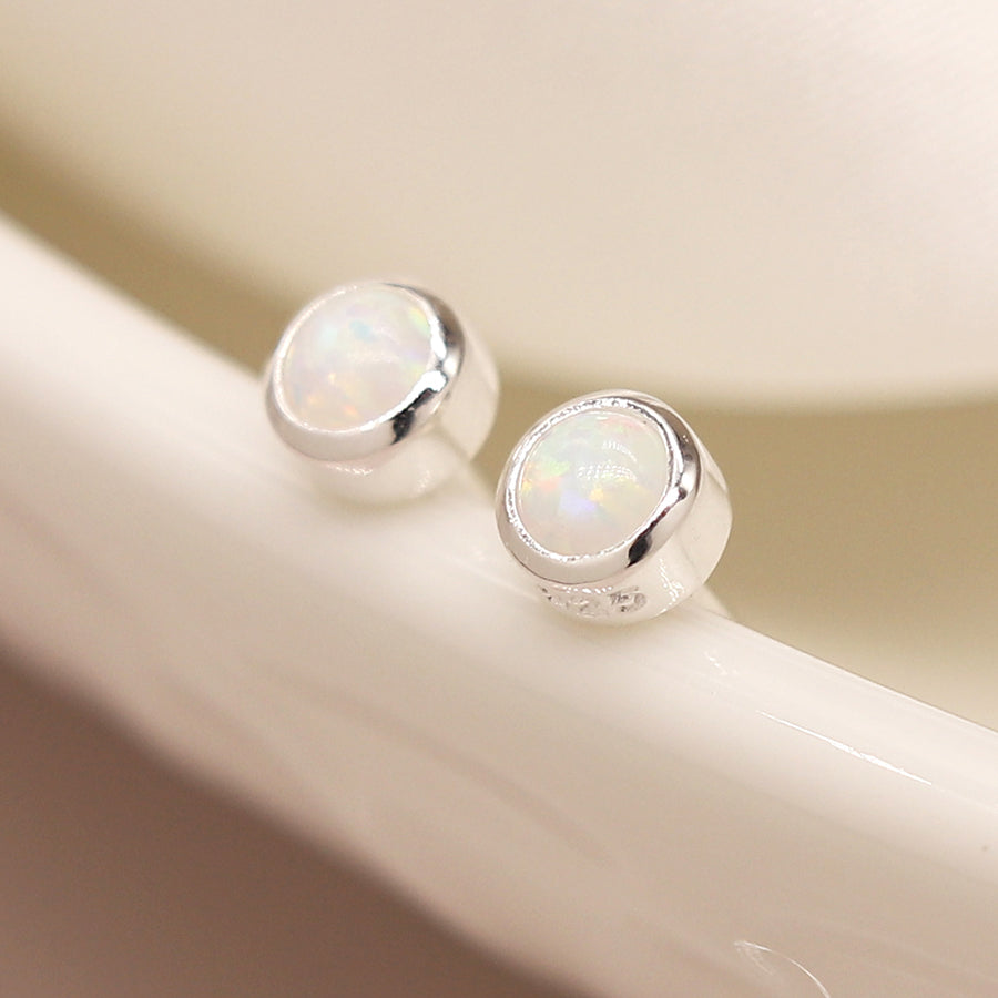 Tiny Silver Round Opal Stud Earrings