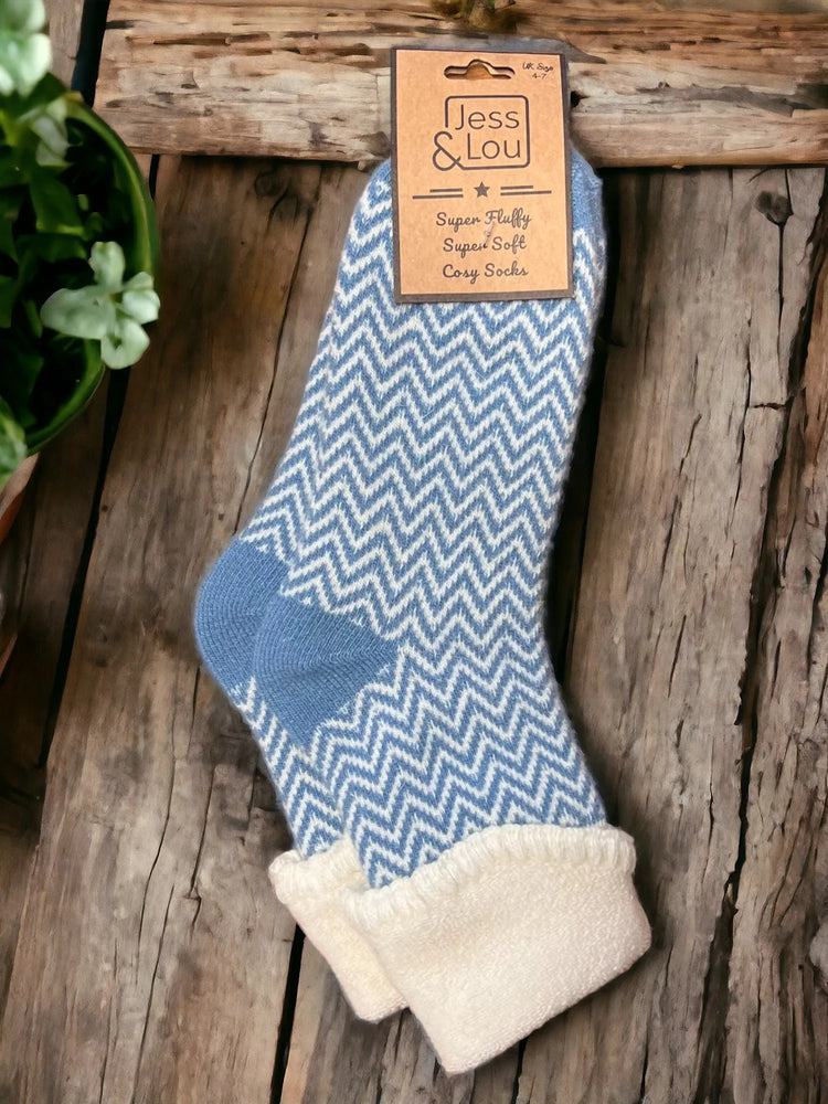 Cosy Cuff Socks in Cornflower and White Herringbone