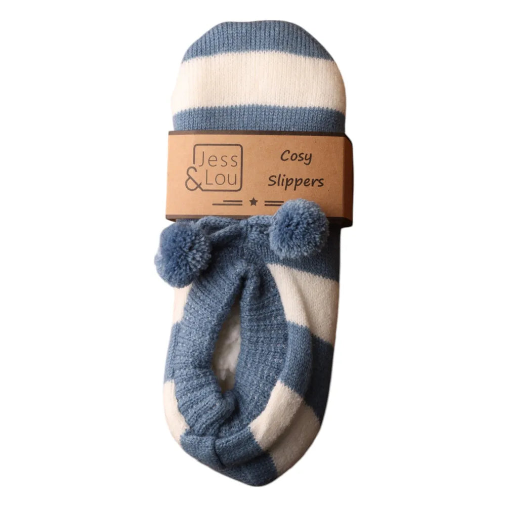 Women's Knit Slipper Socks - Blue and White Stripe