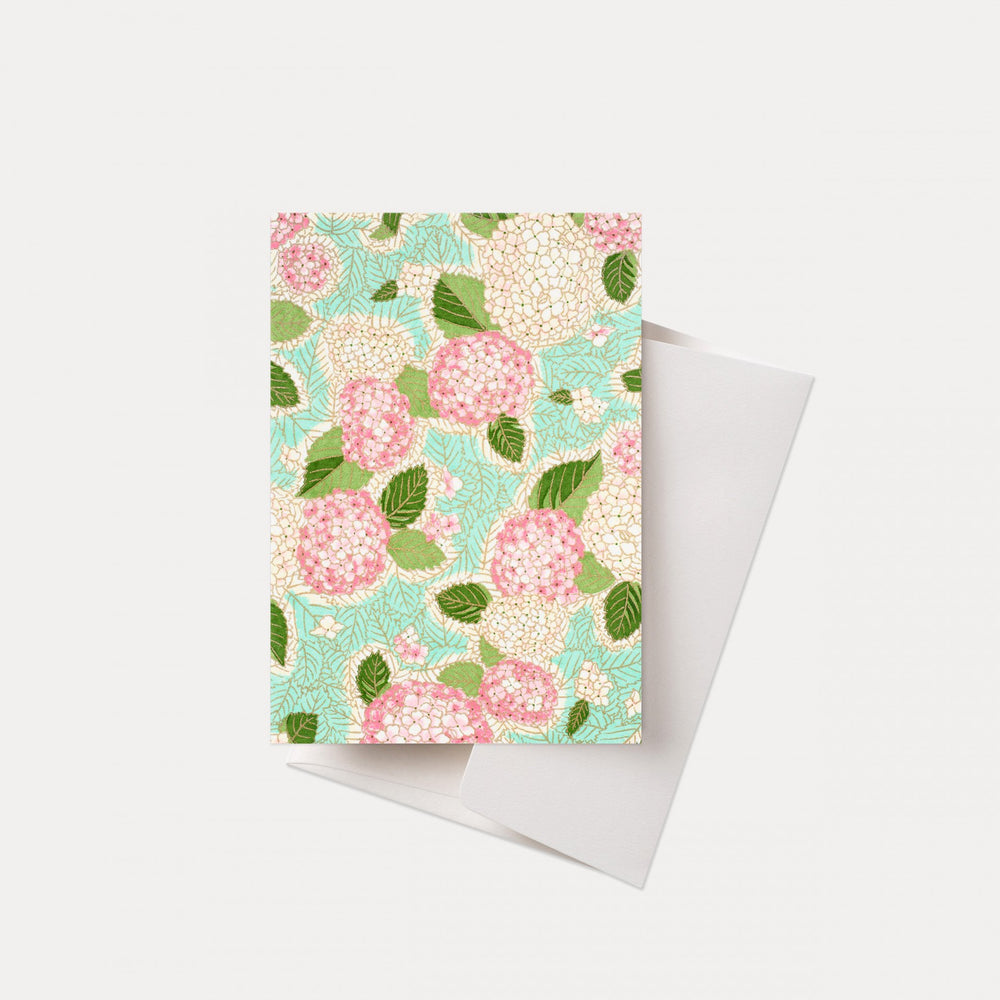 Greetings Card - Pink Hydrangea/ Mint