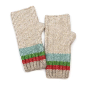 Striped Cuff Knitted Fingerless Gloves - Beige / Red / Green