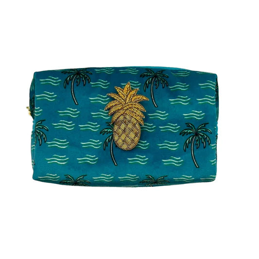 Teal Palm Make-up Bag With a Palm Tree Brooch - Small
