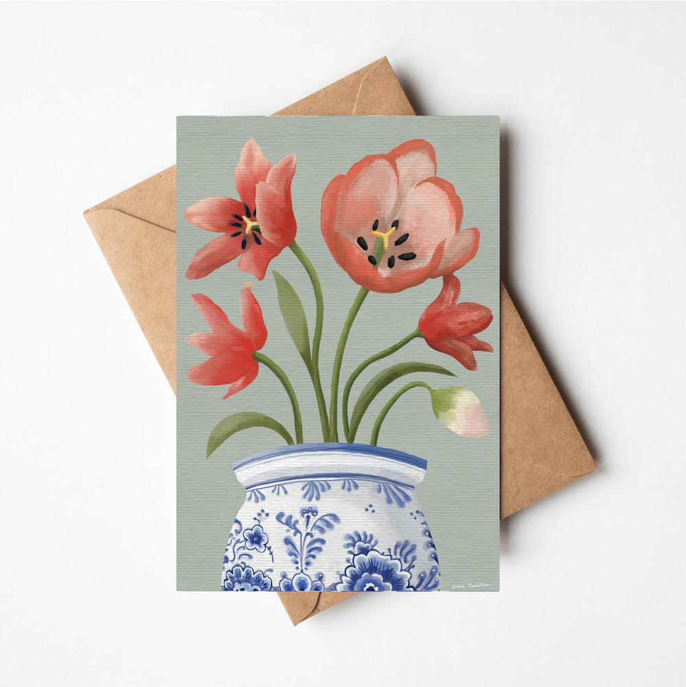 Tulips in Delft Vase Card