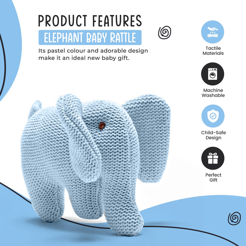 Knitted Organic Cotton Blue Elephant Baby Rattle