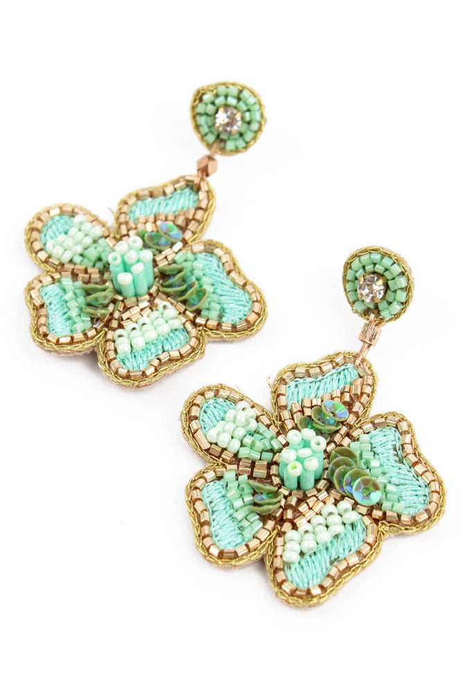 Mint Flower Beaded Earrings