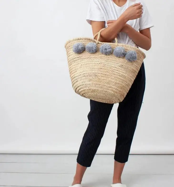 French Market Basket, Straw Bag with Pom Poms