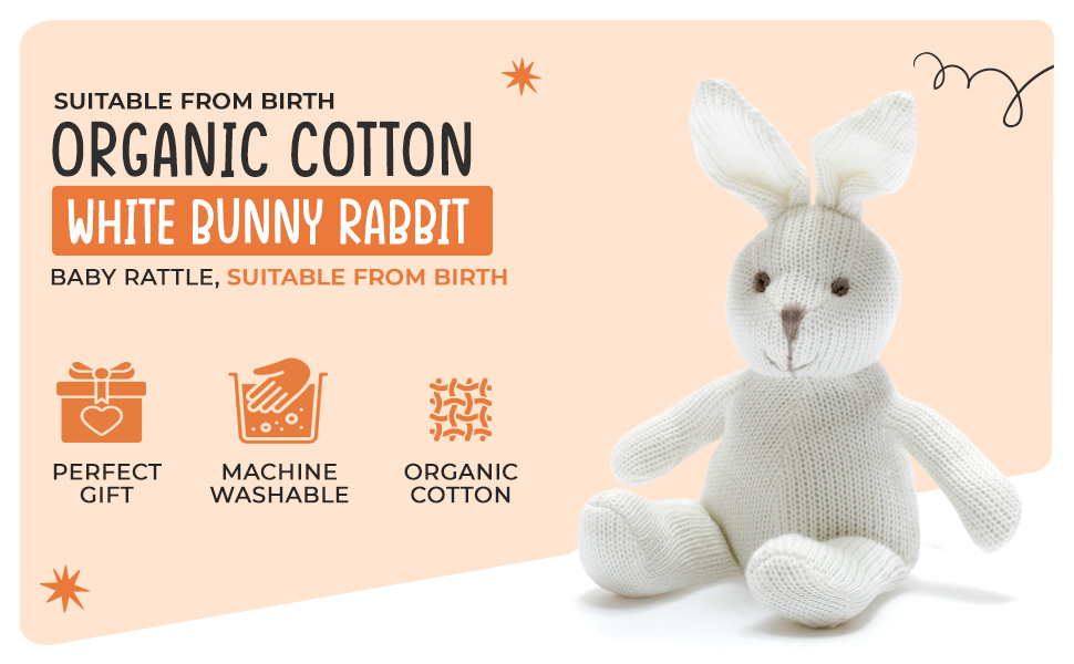 Knitted Organic Cotton White Bunny Baby Rattle