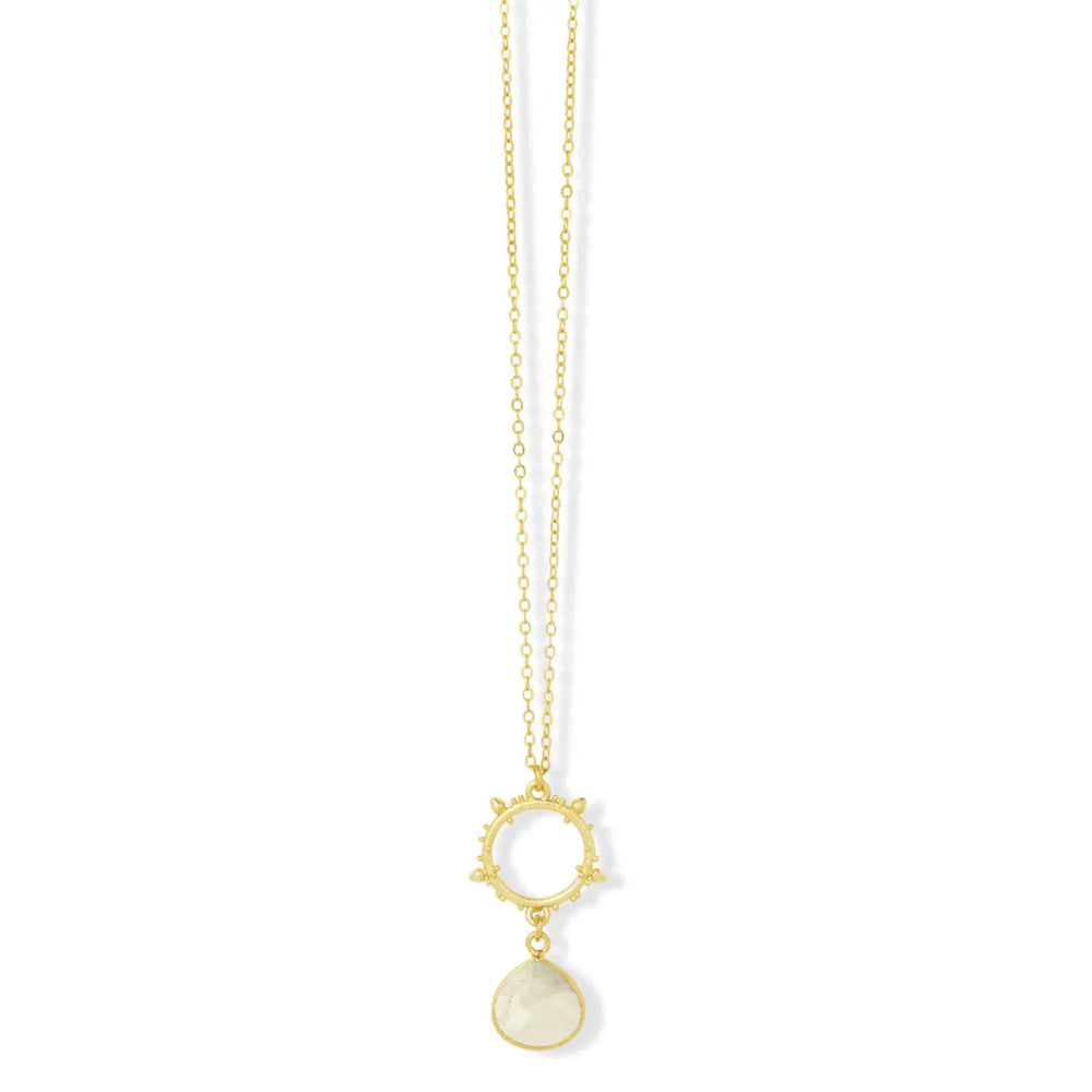 Allegra Gold Necklace - Short Moonstone Pendant Necklace with Sunburst Ring Charm