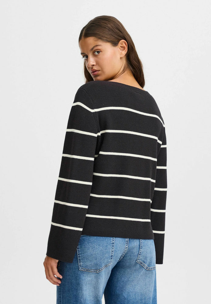 BOSTON Stripe Boatneck Pullover - Meteorite/Almond