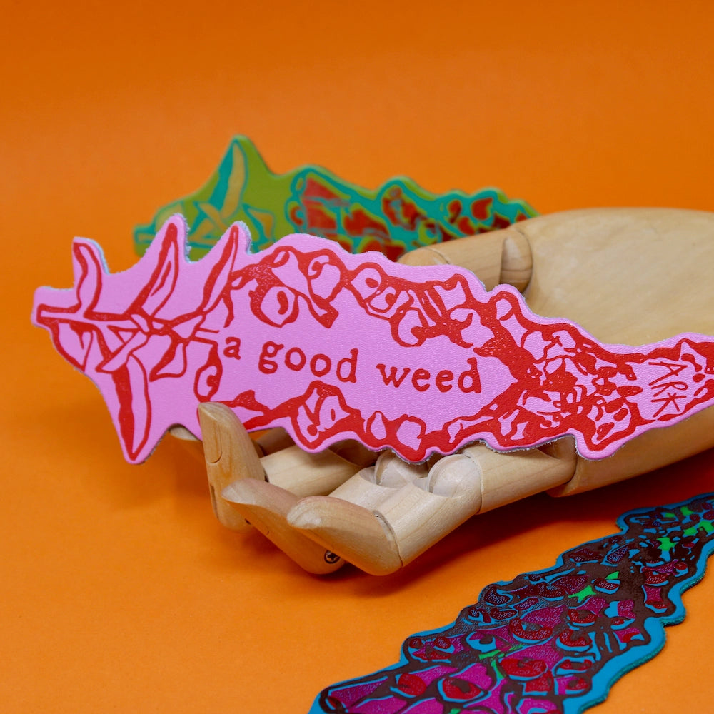 Embossed Leather Bookmark - A Good Weed, Hot Pink