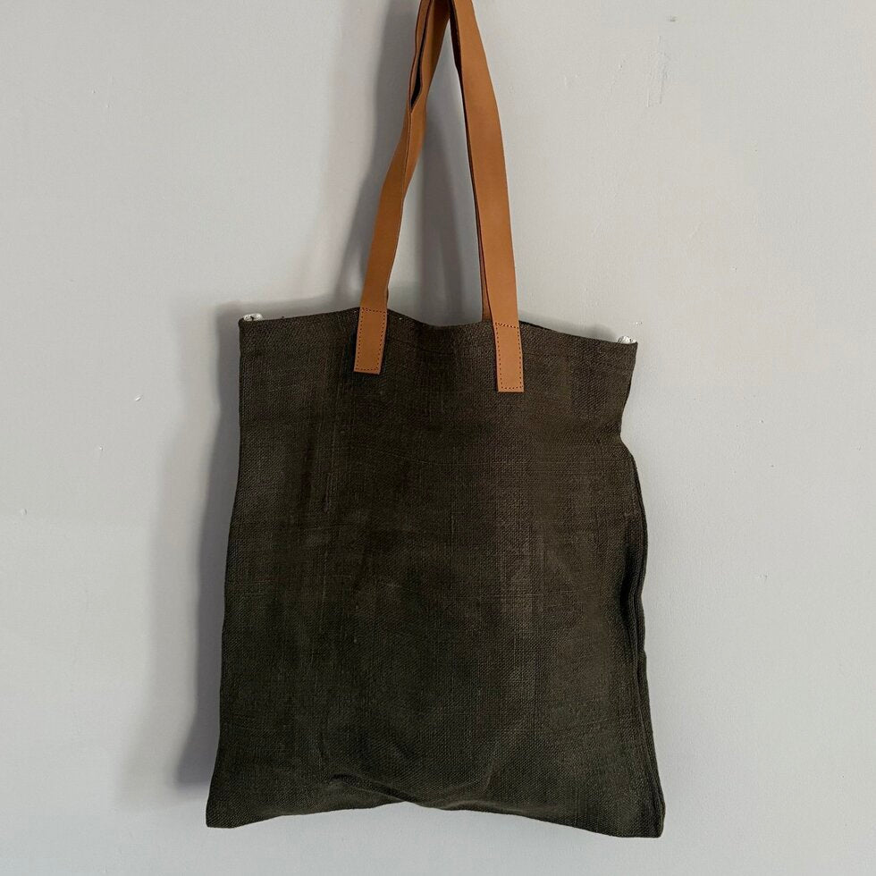 Jute Tote Bag With Leather Handles - Brown
