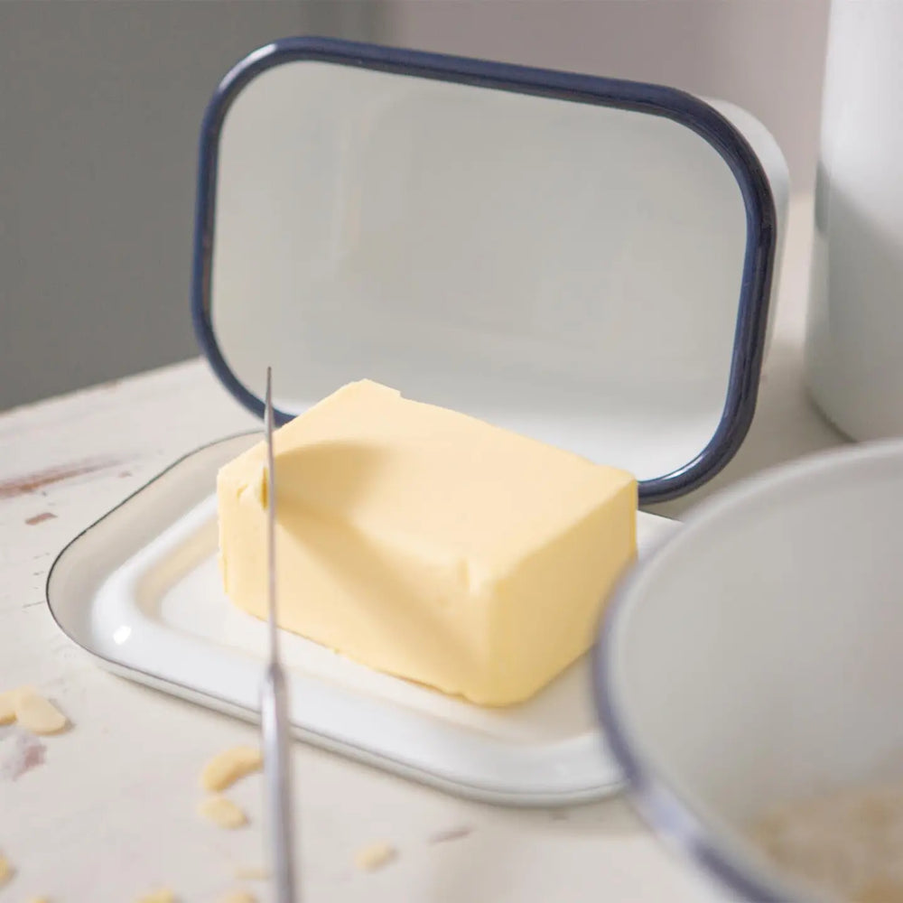 White Enamel Butter Dish - Navy Rim
