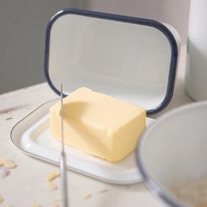 White Enamel Butter Dish - Navy Rim