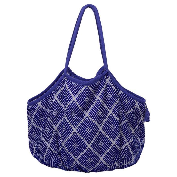 Large Woven Cotton Beach Bag with Tassel & Tie - Blue