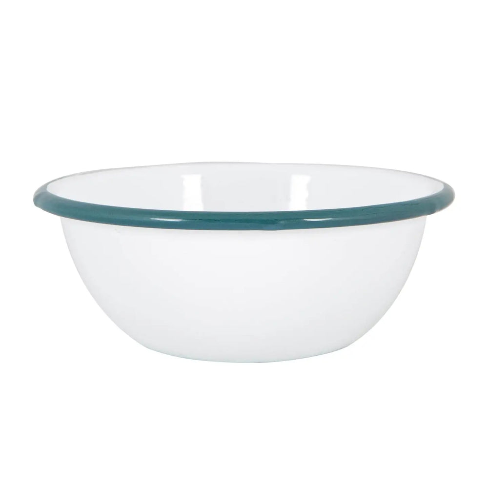 White Enamel Bowl - 16cm - Green Rim