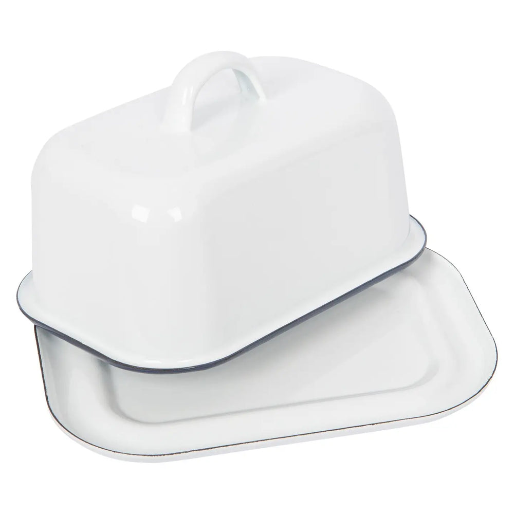 White Enamel Butter Dish - Navy Rim